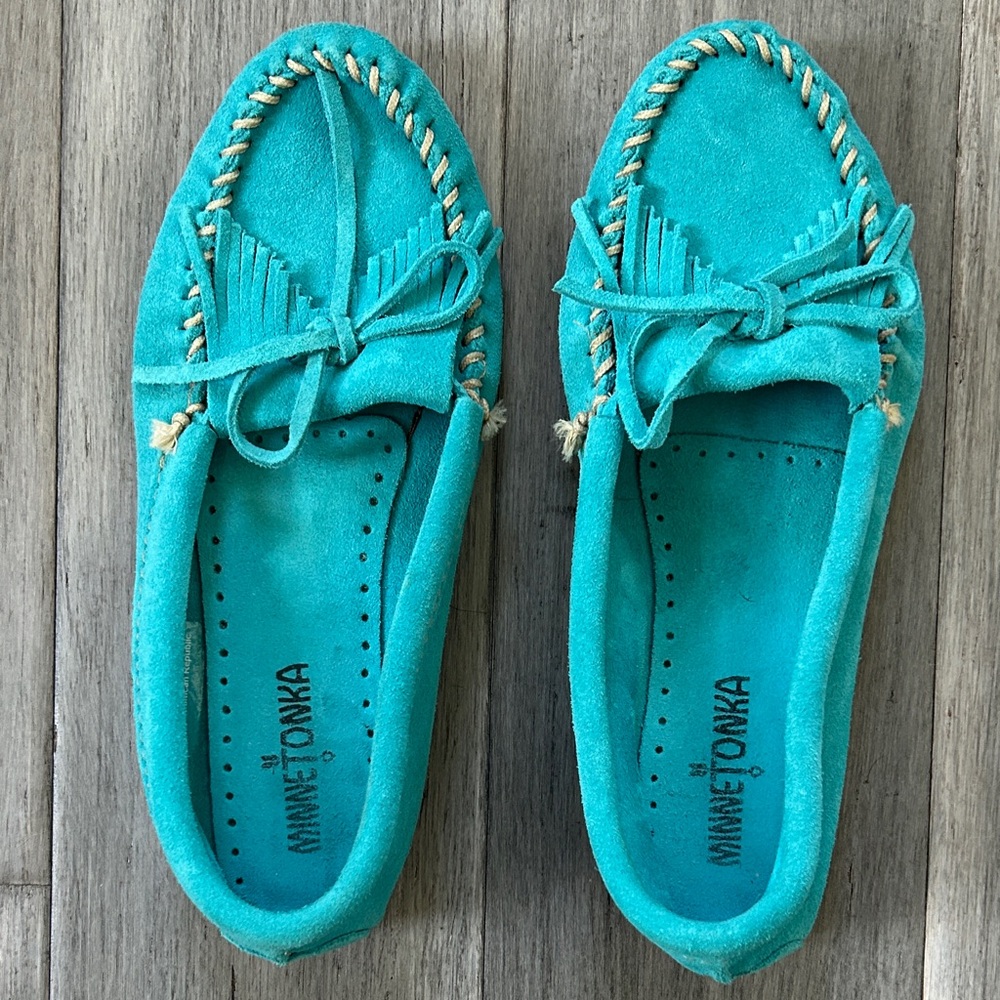 Minnetonka Teal Suede Moccasins with Fringe and Bow